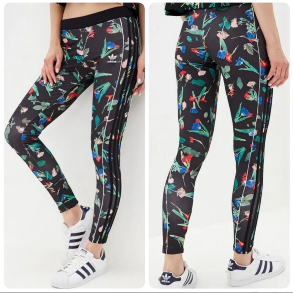 Adidas TRefoil Logo three Stripe Black Leggings with Floral Design